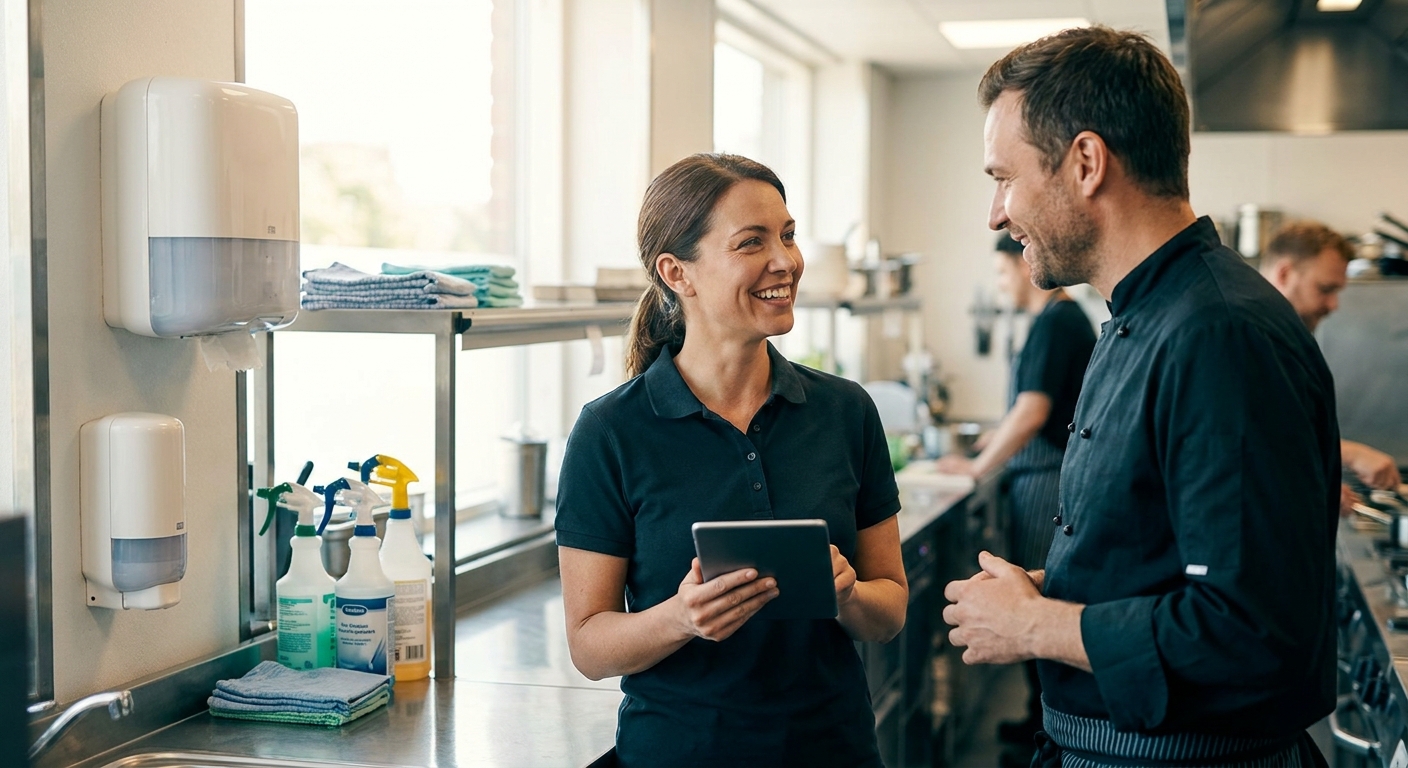 Hygiene-adviseur in gesprek met een klant bij de dispensers