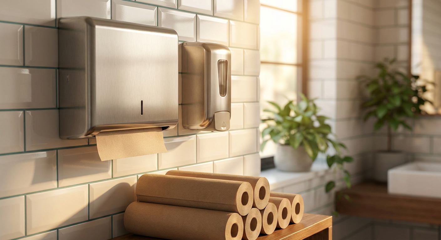 Sanitaire dispensers voor papier en zeep in een bedrijfsruimte