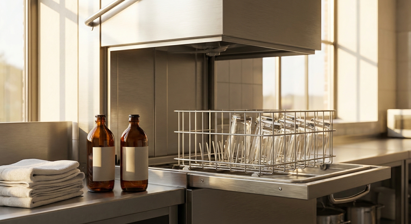 Professionele vaatwasmachine met vaatwas- en spoelproducten